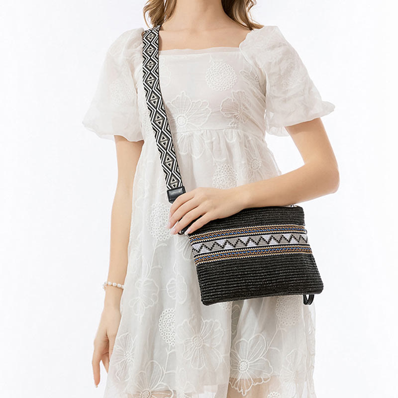Bunte geometrische Boho-Umhängetasche aus gewebtem Stroh, 28 cm