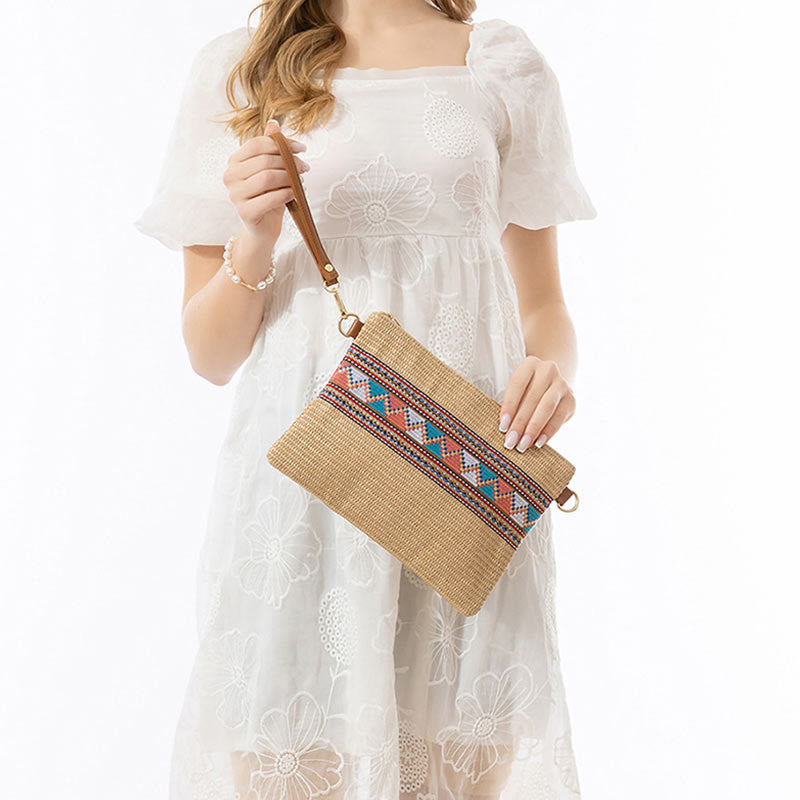 Bunte geometrische Boho-Umhängetasche aus gewebtem Stroh, 28 cm