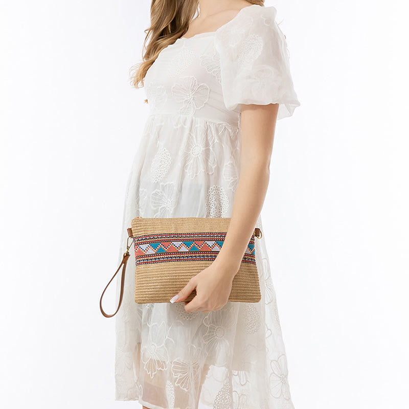 Bunte geometrische Boho-Umhängetasche aus gewebtem Stroh, 28 cm