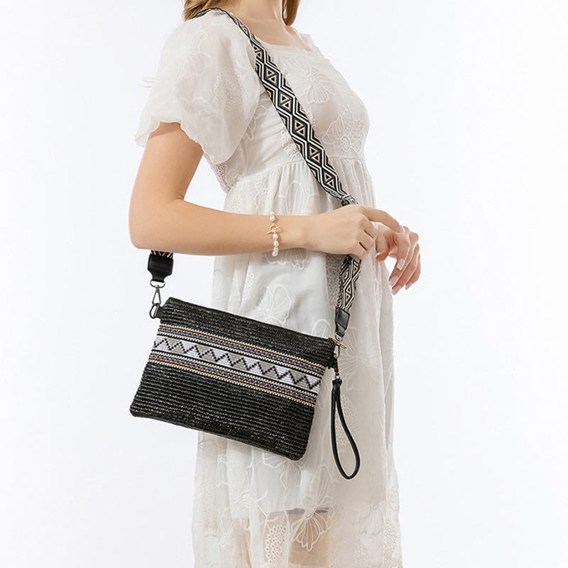 Bunte geometrische Boho-Umhängetasche aus gewebtem Stroh, 28 cm
