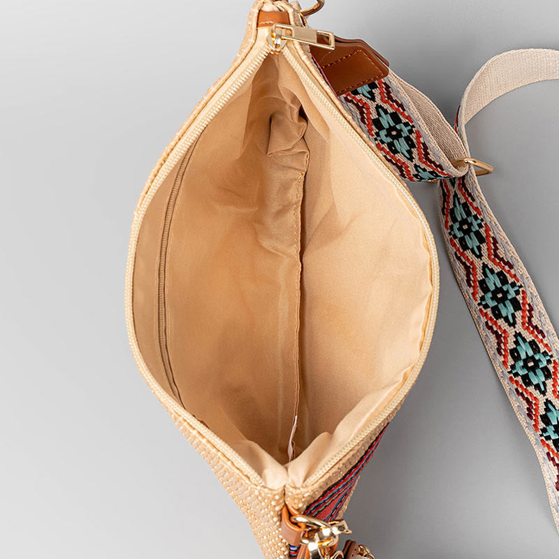 Bunte geometrische Boho-Umhängetasche aus gewebtem Stroh, 28 cm