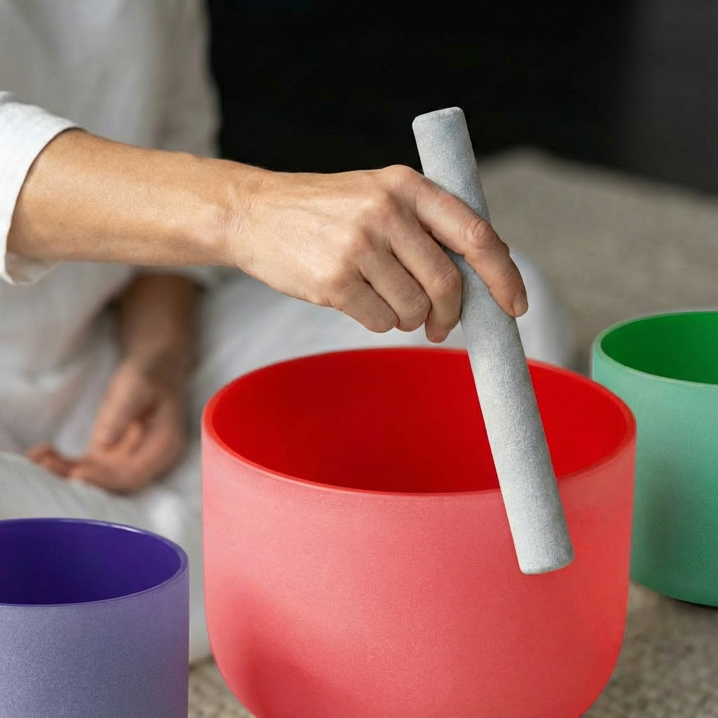 Farbenfrohes Klangschalen-Set aus Quarzkristall, 8", 10", 12"