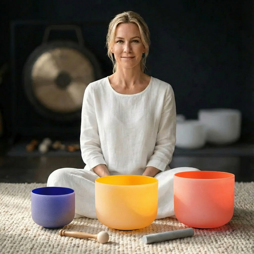 Farbenfrohes Klangschalen-Set aus Quarzkristall, 20,3 cm, 25,4 cm und 30,5 cm