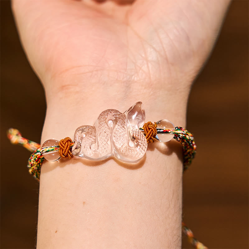 Buntes Seil-Armband mit Bergkristall und Schlangenmotiv, 18–19 cm