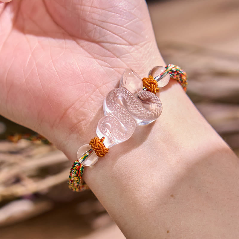 Buntes Seil-Armband mit Bergkristall und Schlangenmotiv, 18–19 cm