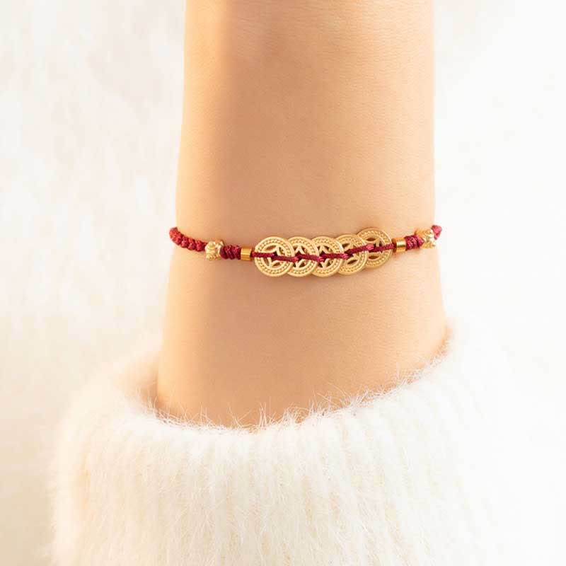 Kupfermünzen-Armband mit roter Schnur für Glück und Schutz