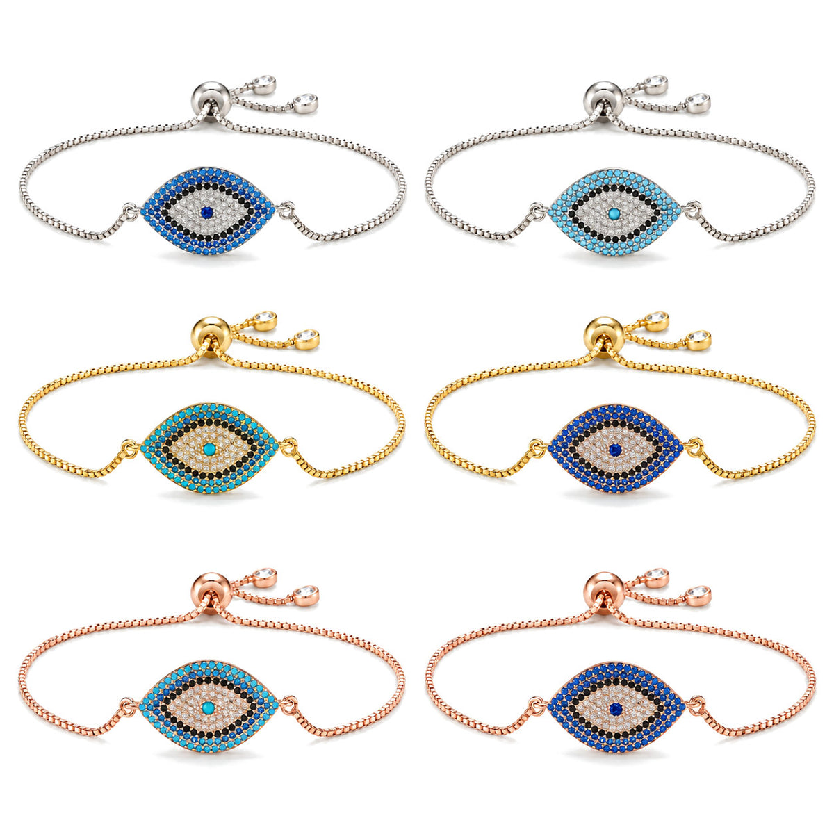Copper Evil Eye Protection Bracelet, every variant on a white background