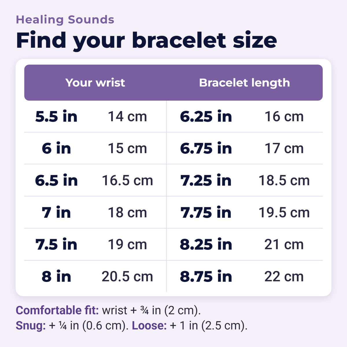 Copper Evil Eye Protection Bracelet, bracelet size chart in inches and centimetres