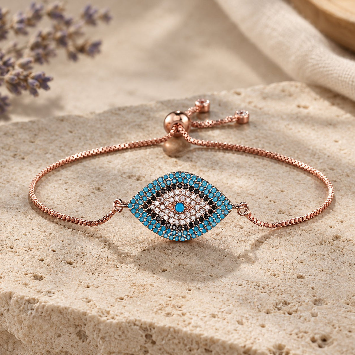 Copper Evil Eye Protection Bracelet, Rose Gold&Blue in scene