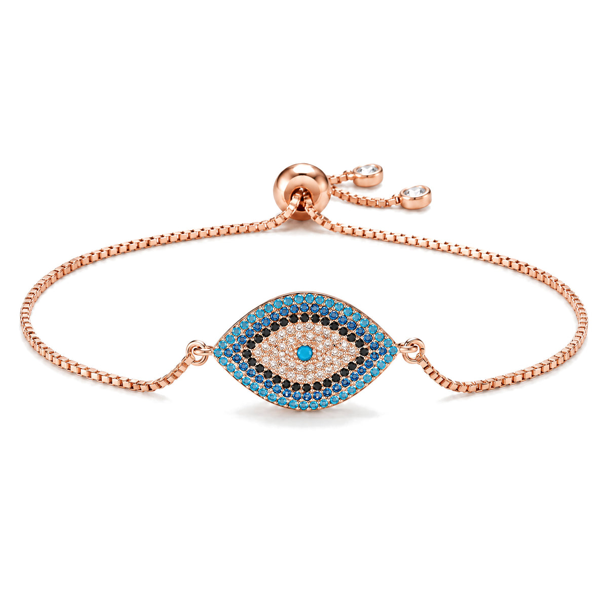 Copper Evil Eye Protection Bracelet, Rose Gold&Blue, on a white background