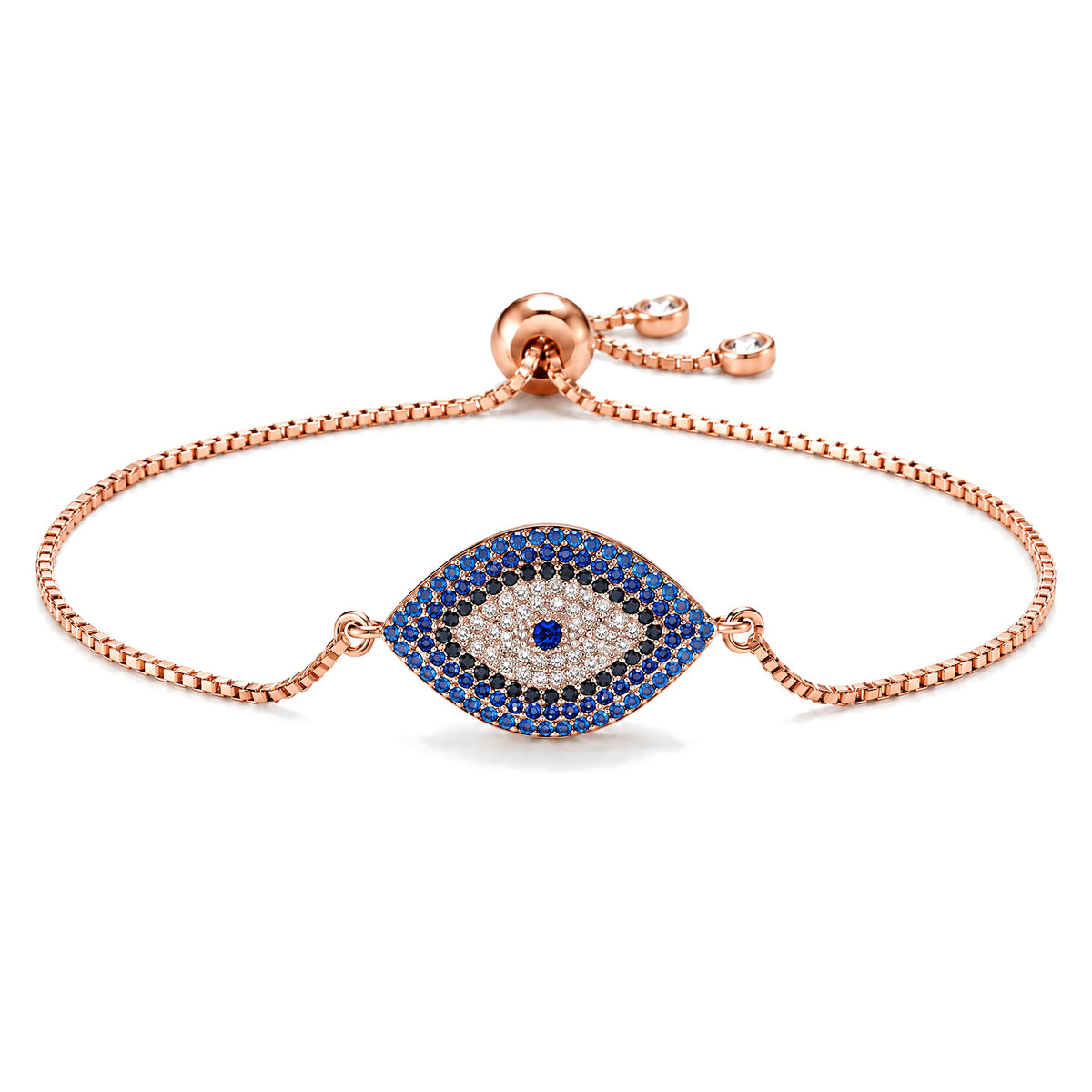 Copper Evil Eye Protection Bracelet, Rose Gold, on a white background