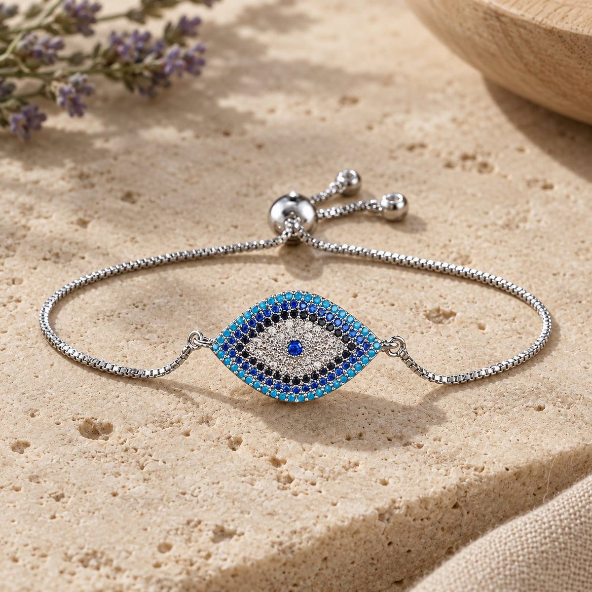 Copper Evil Eye Protection Bracelet, Silver variant in scene