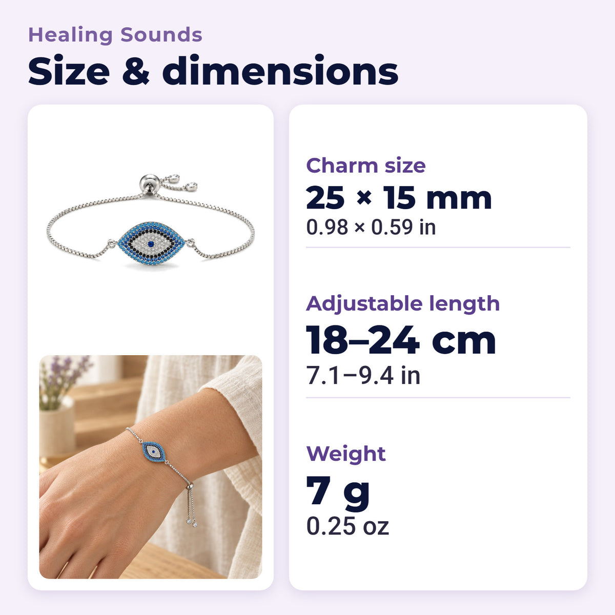 Copper Evil Eye Protection Bracelet, size and dimensions in millimetres and inches