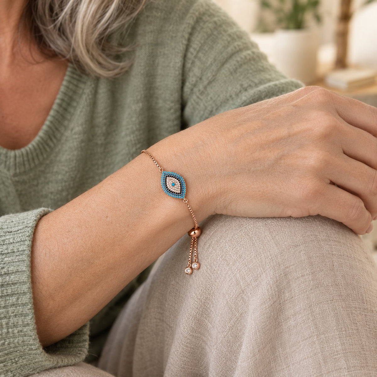 Copper Evil Eye Protection Bracelet, worn by a woman