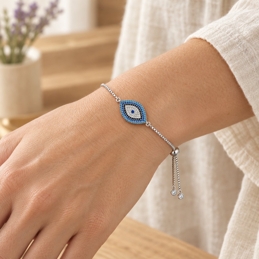 Copper Evil Eye Protection Bracelet, worn on the wrist by a woman