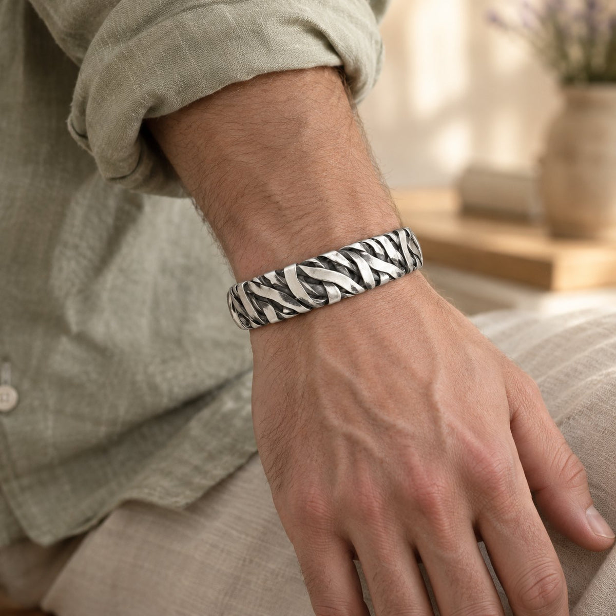 Copper Healing Cuff Bracelet, worn on the wrist by a man