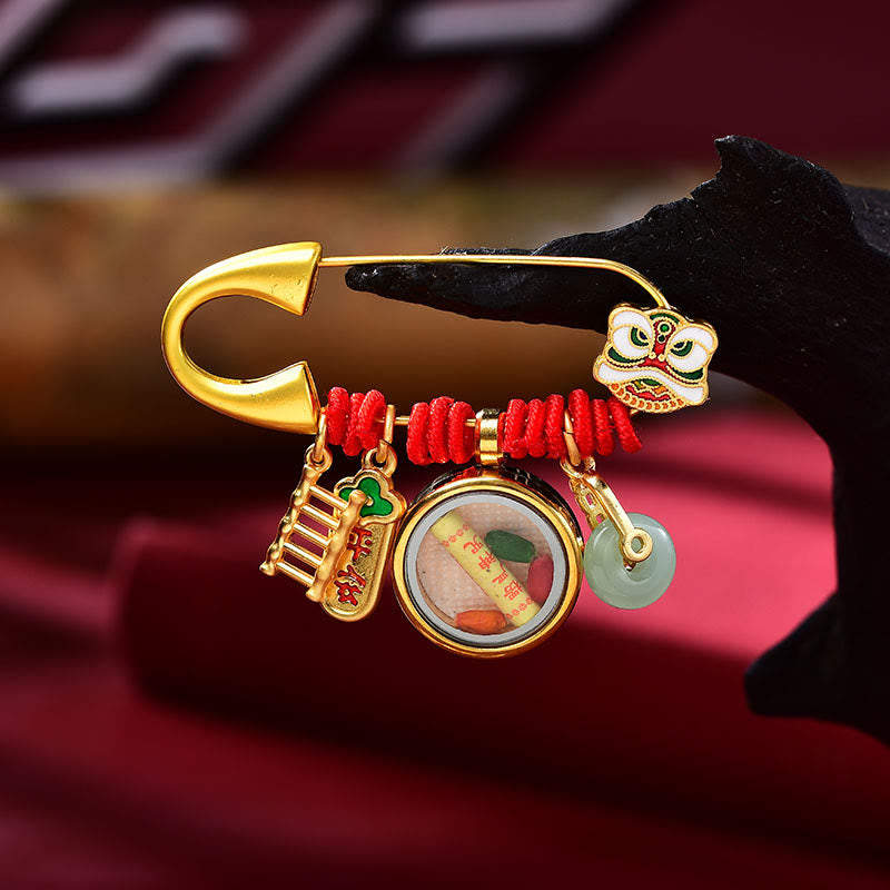 Kupfer-Jade-Brosche mit tanzendem Löwen-Friedensschnalle zum Schutz