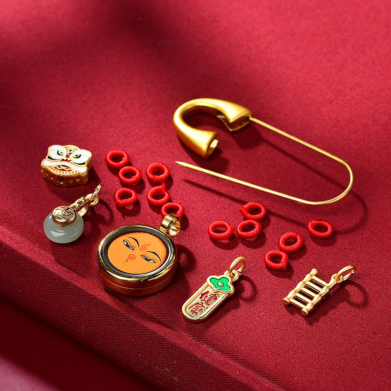 Kupfer-Jade-Brosche mit tanzendem Löwen-Friedensschnalle zum Schutz