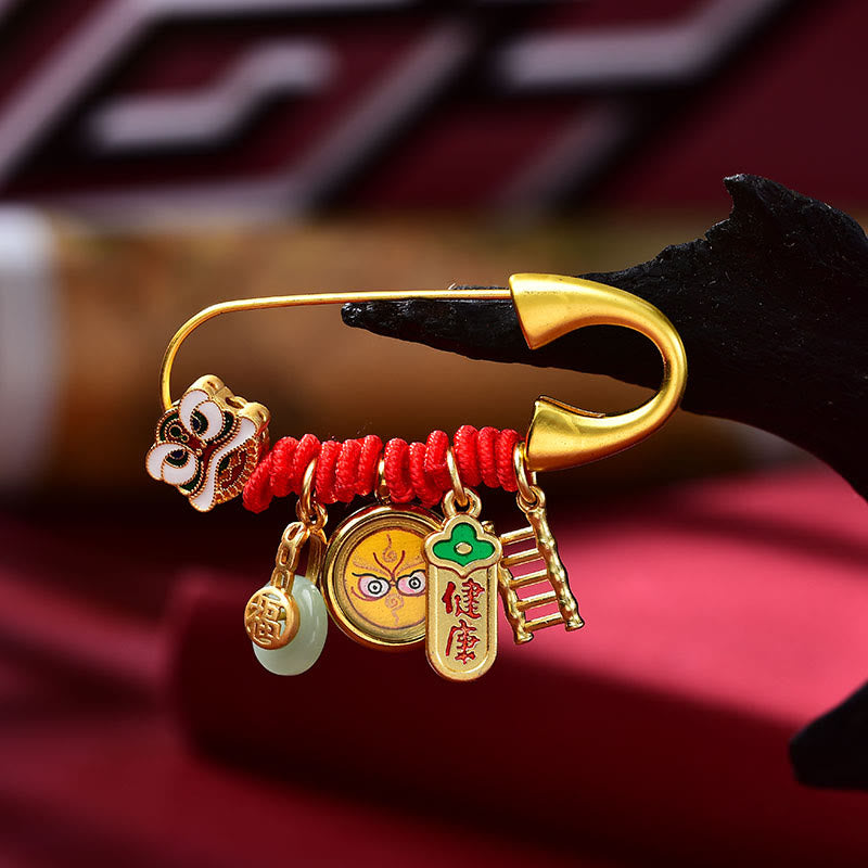 Kupfer-Jade-Brosche mit tanzendem Löwen-Friedensschnalle zum Schutz