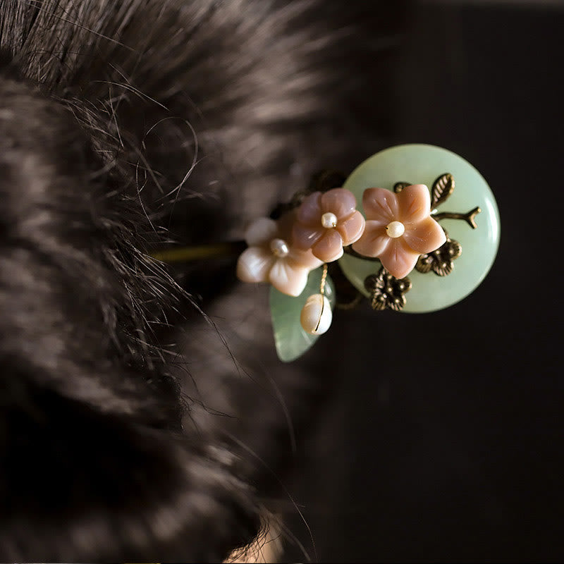 Kupfer Jade Muschel Blume Blätter Glück Haarnadel | Chinesische Haarnadeln