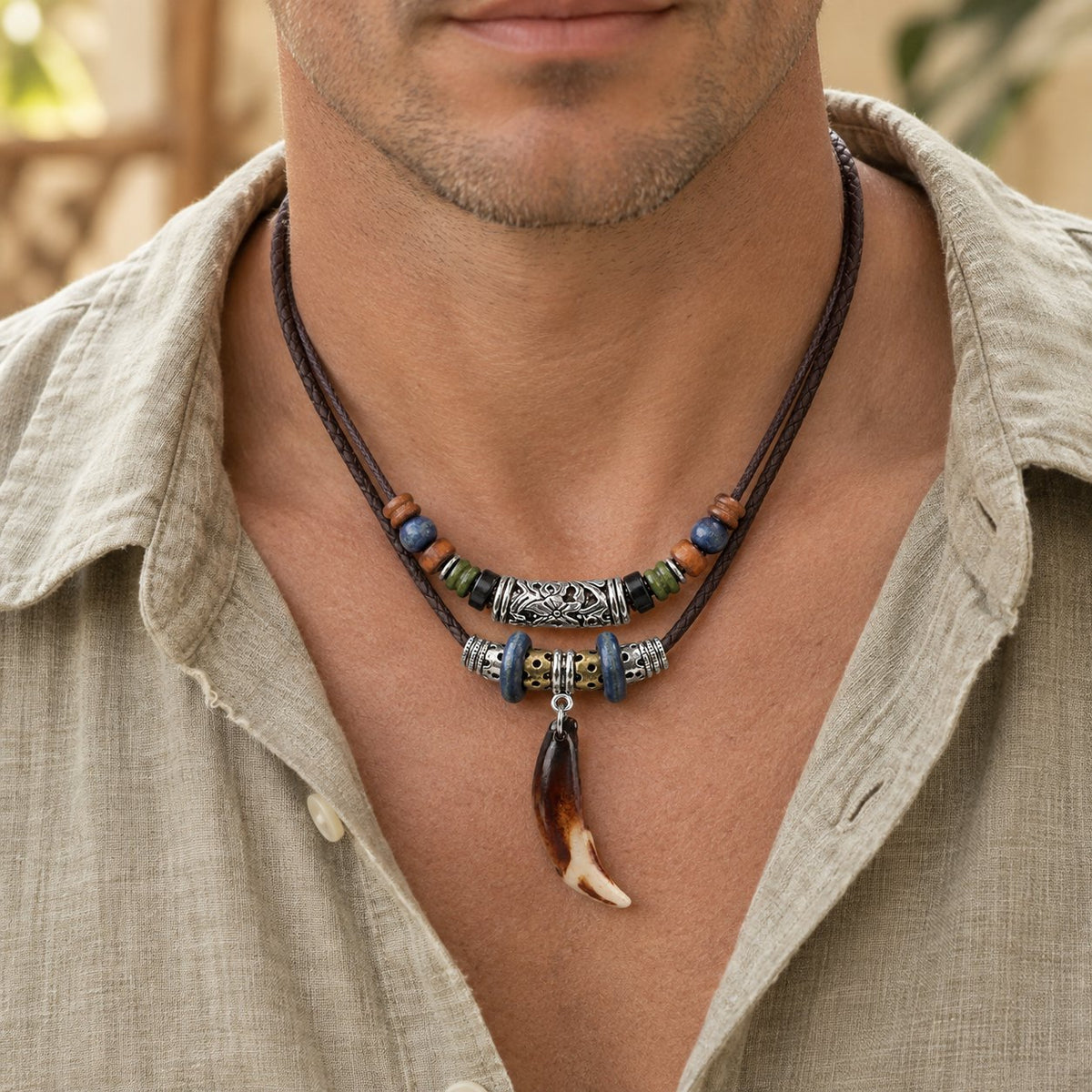 Copper Wealth Necklace Pendant, worn on the neck by a man