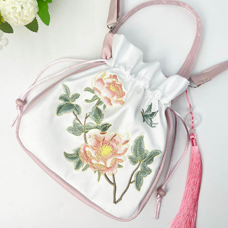 Tragetasche aus Baumwollleinen mit bestickter Osmanthus-Pfingstrosen-Stickerei, 20 cm