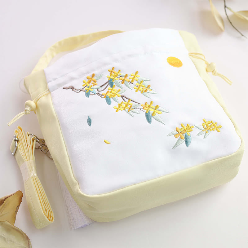 Tragetasche aus Baumwollleinen mit bestickter Osmanthus-Pfingstrosen-Stickerei, 20 cm