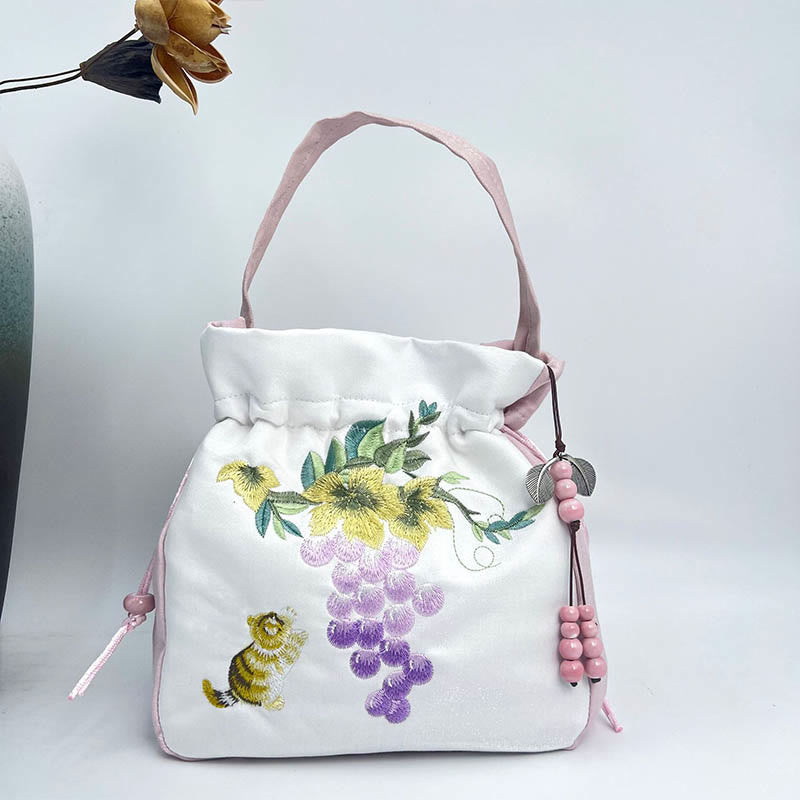 Tragetasche aus Baumwollleinen mit bestickter Osmanthus-Pfingstrosen-Stickerei, 20 cm