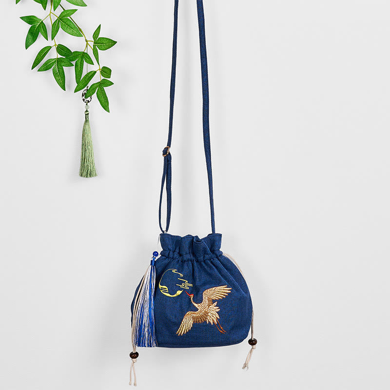 Marineblaue Umhängetasche aus Baumwollleinen mit Kranichmotiv