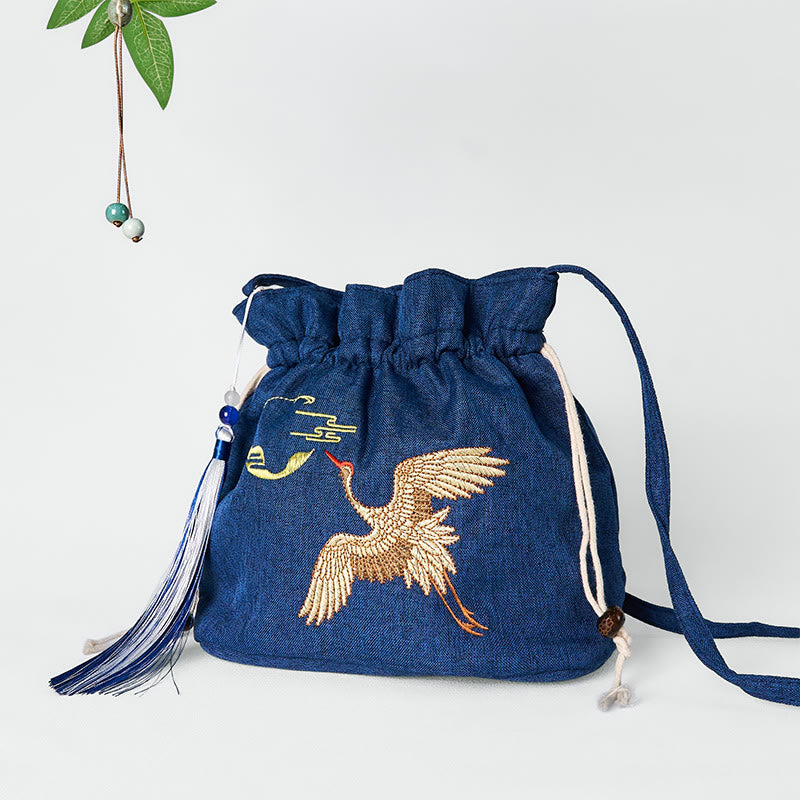 Marineblaue Umhängetasche aus Baumwollleinen mit Kranichmotiv