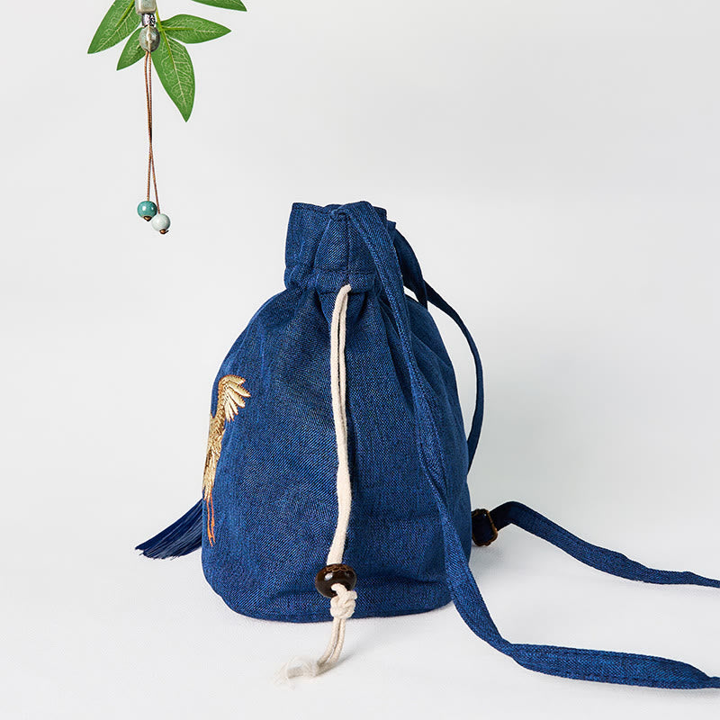 Marineblaue Umhängetasche aus Baumwollleinen mit Kranichmotiv