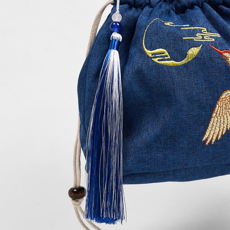Marineblaue Umhängetasche aus Baumwollleinen mit Kranichmotiv