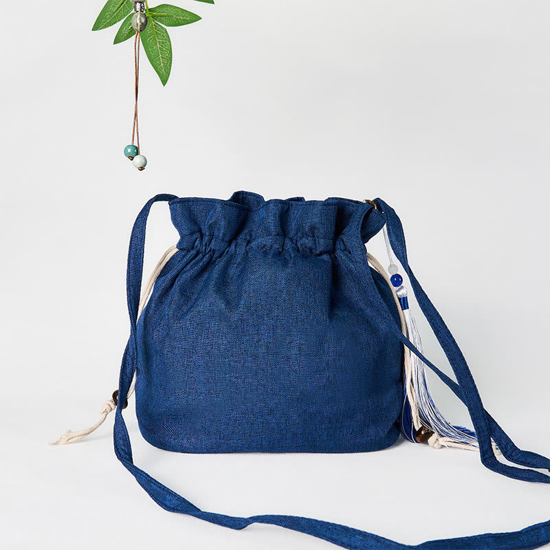 Marineblaue Umhängetasche aus Baumwollleinen mit Kranichmotiv