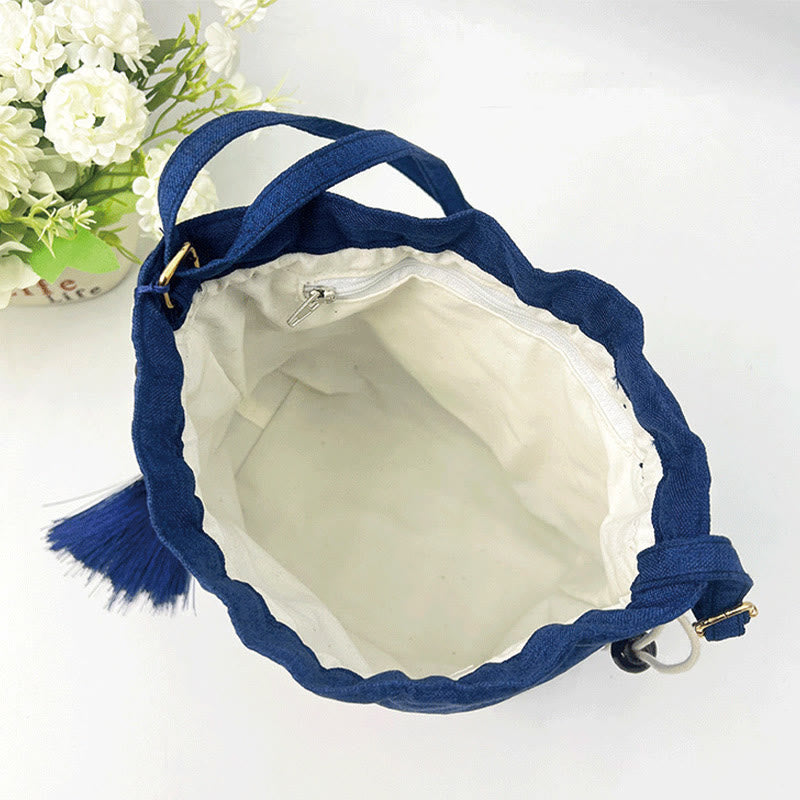 Marineblaue Umhängetasche aus Baumwollleinen mit Kranichmotiv