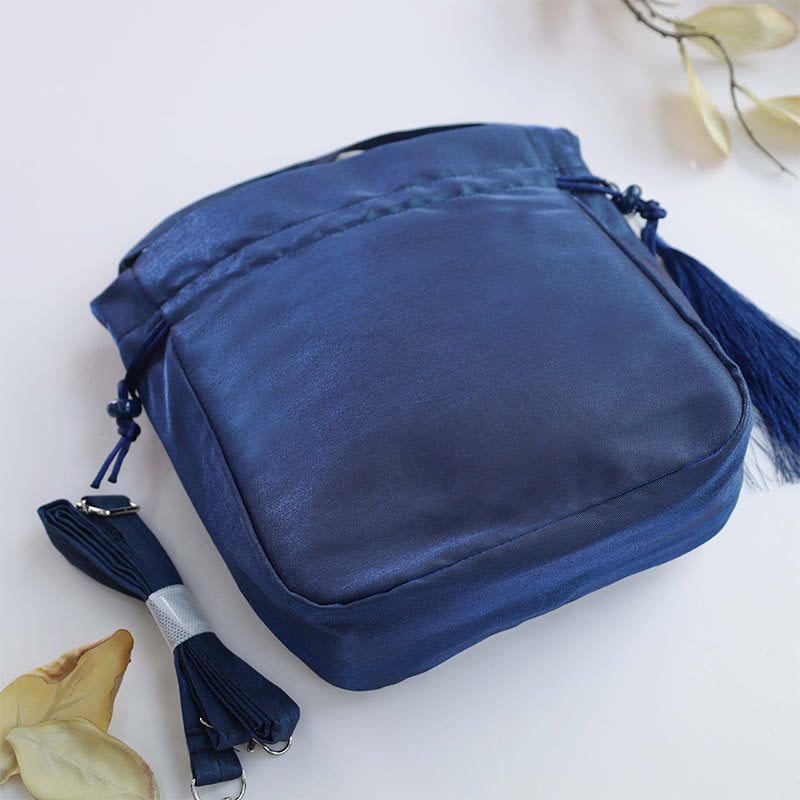 Einkaufstasche aus Baumwollleinen mit Lotus-Koi-Stickerei, 20 cm