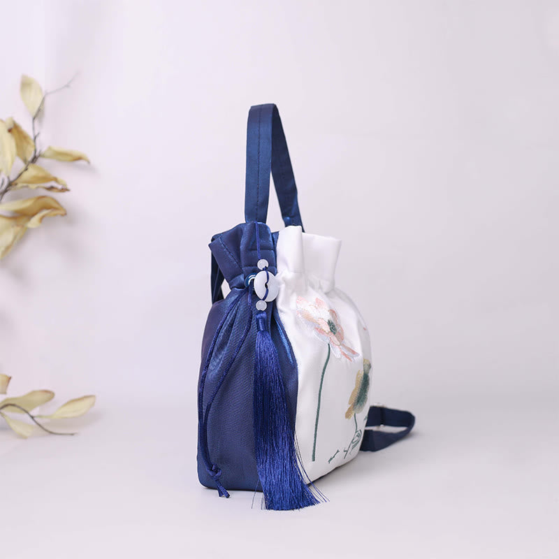 Einkaufstasche aus Baumwollleinen mit Lotus-Koi-Stickerei, 20 cm