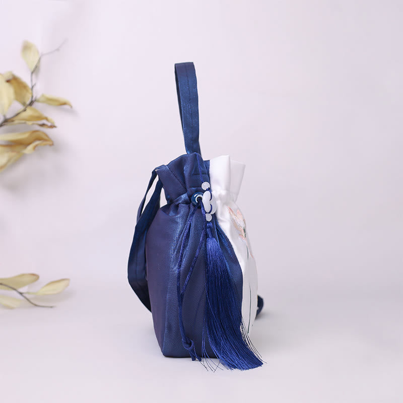 Einkaufstasche aus Baumwollleinen mit Lotus-Koi-Stickerei, 20 cm