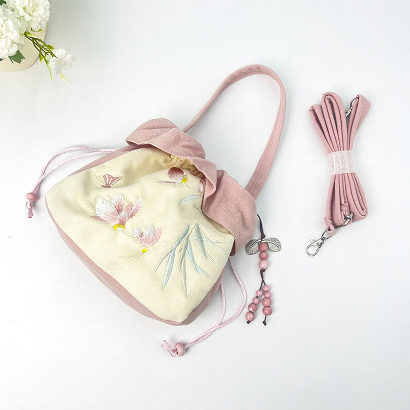 Einkaufstasche aus Baumwollleinen mit spiritueller Lotusstickerei, 20 cm