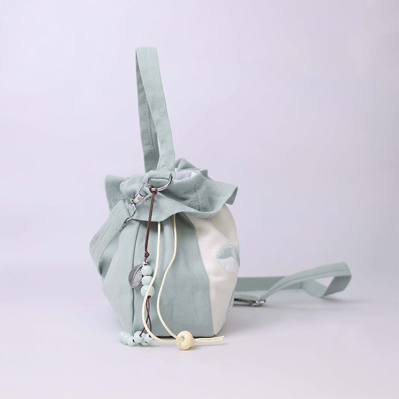 Einkaufstasche aus Baumwollleinen mit spiritueller Lotusstickerei, 20 cm