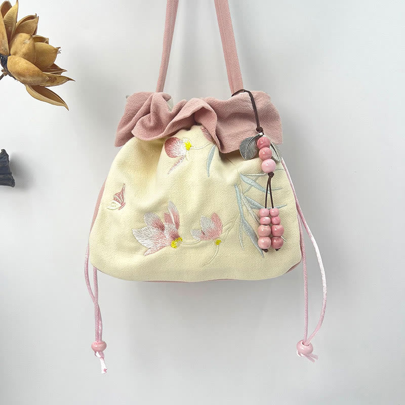 Einkaufstasche aus Baumwollleinen mit spiritueller Lotusstickerei, 20 cm