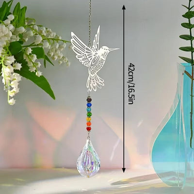 Delicate hummingbird suncatcher with chakra beads and crystal prism for outdoor décor