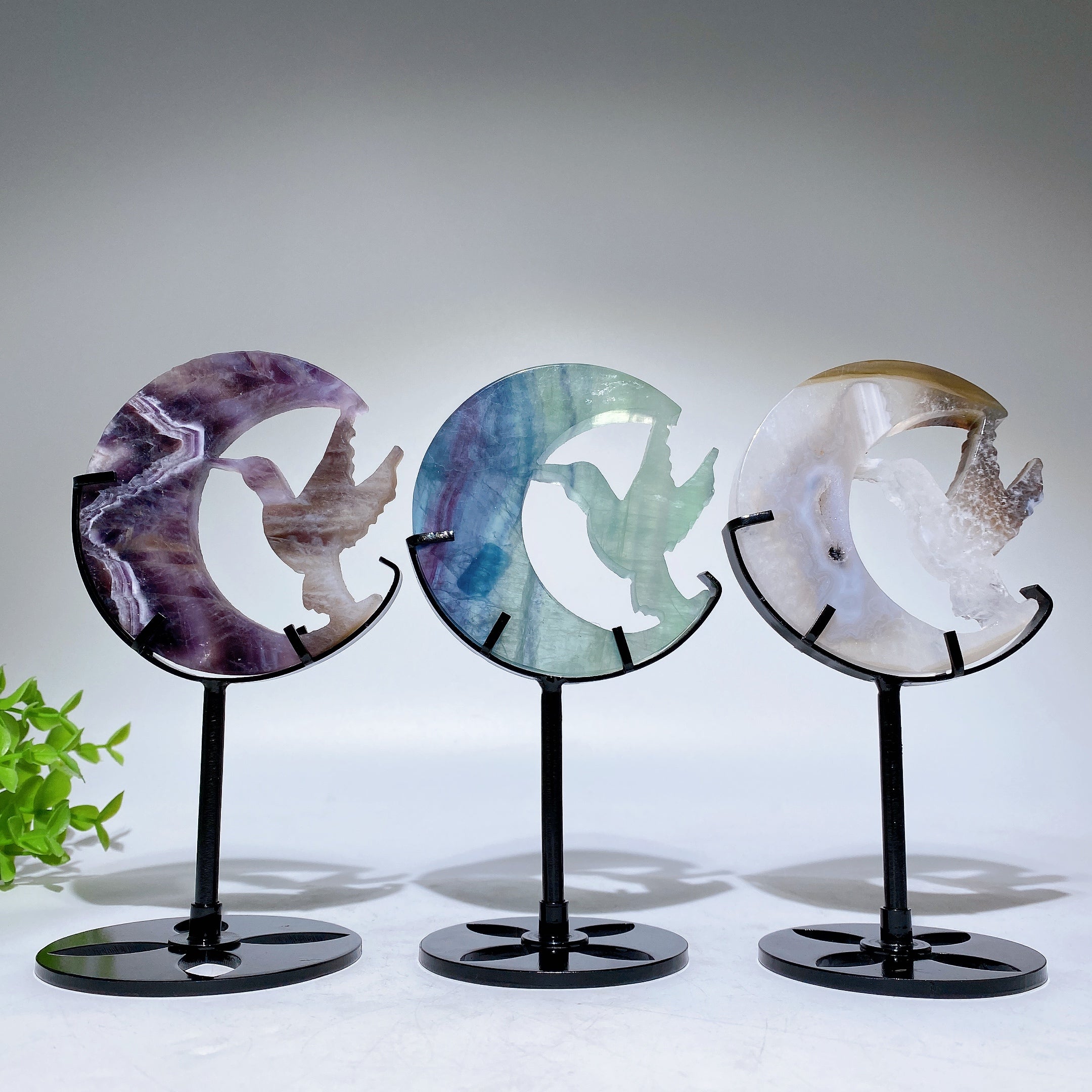 Crystal Hummingbird on Moon Healing Figurine 3.4in