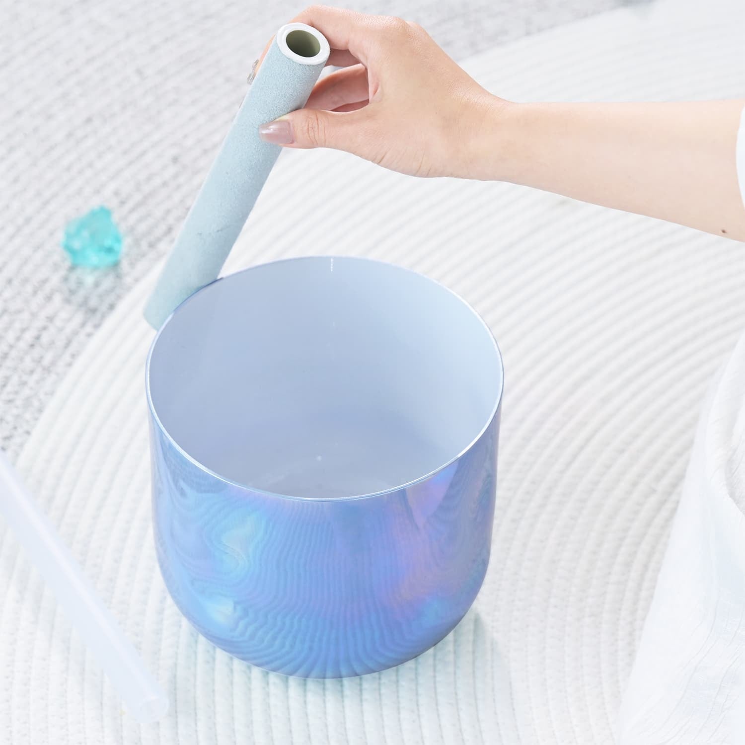 Light blue cylindrical humidifier with a curved spout for Crystal Singing Bowl Blue Alchemy