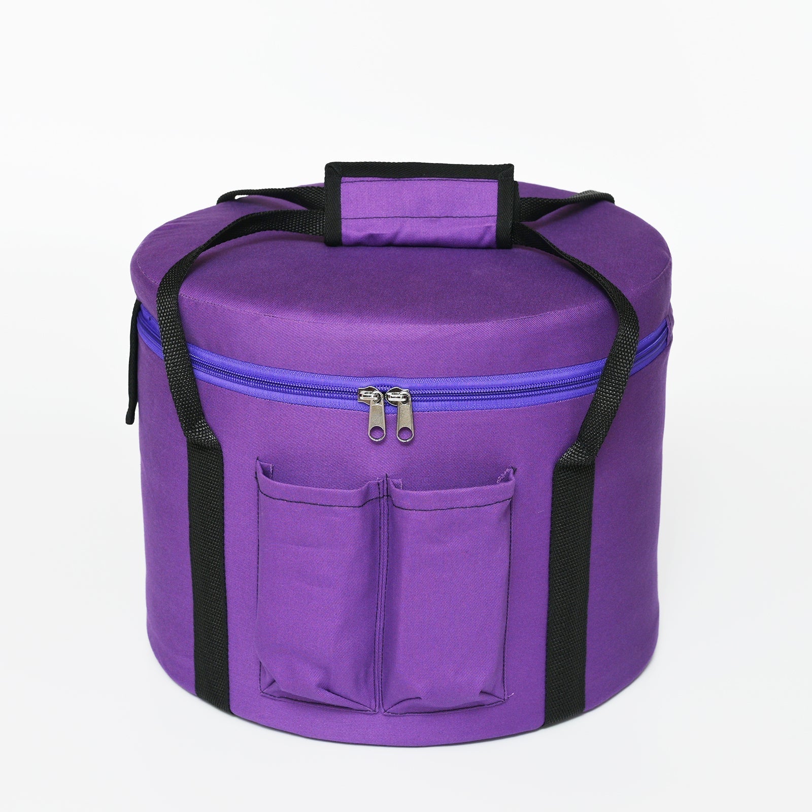 Purple cylindrical carrying case for Crystal Singing Bowl with pockets and black straps