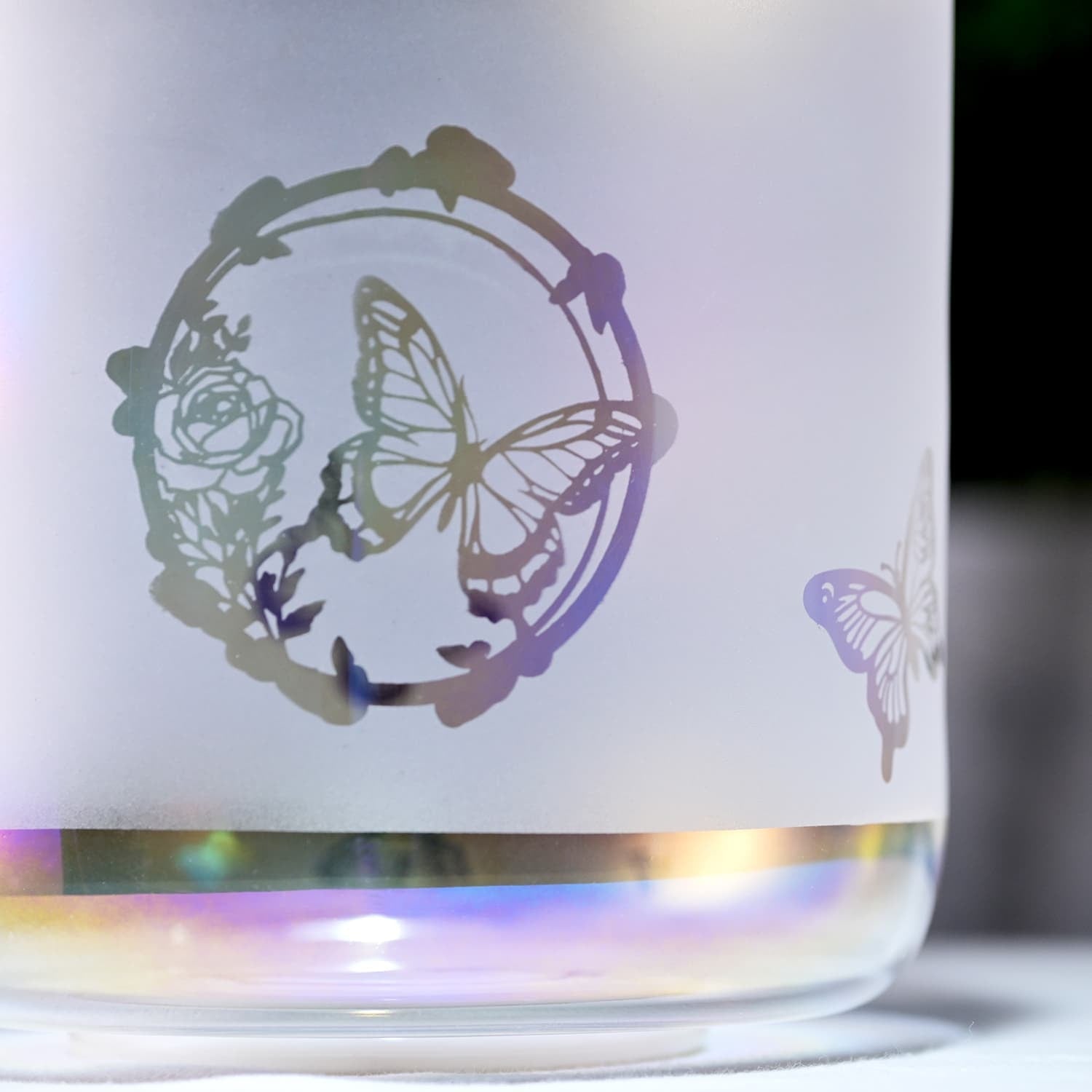 Delicate butterfly and rose design etched on Crystal Singing Bowl for healing