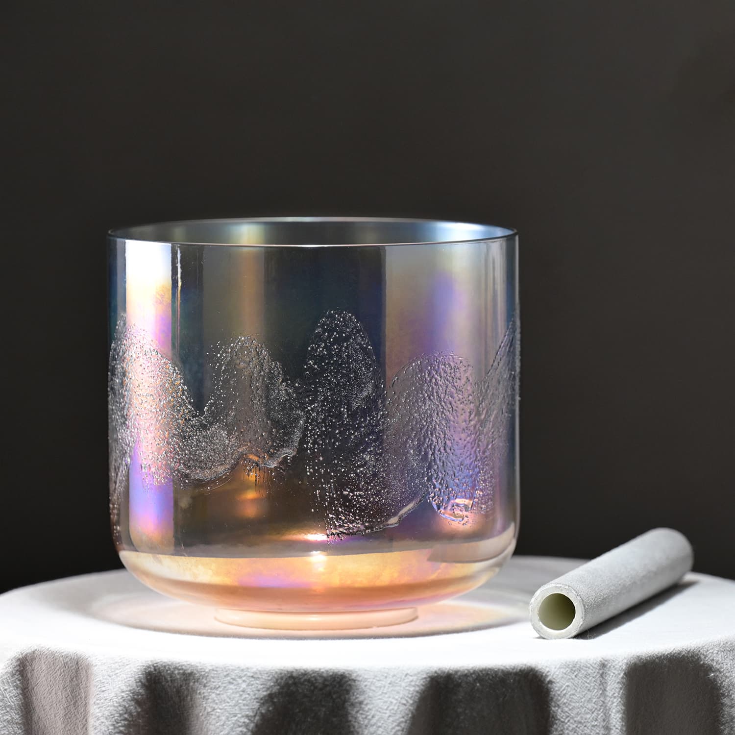 Iridescent glass bowl with etched mountain patterns for Crystal Singing Bowl Dawn Sand