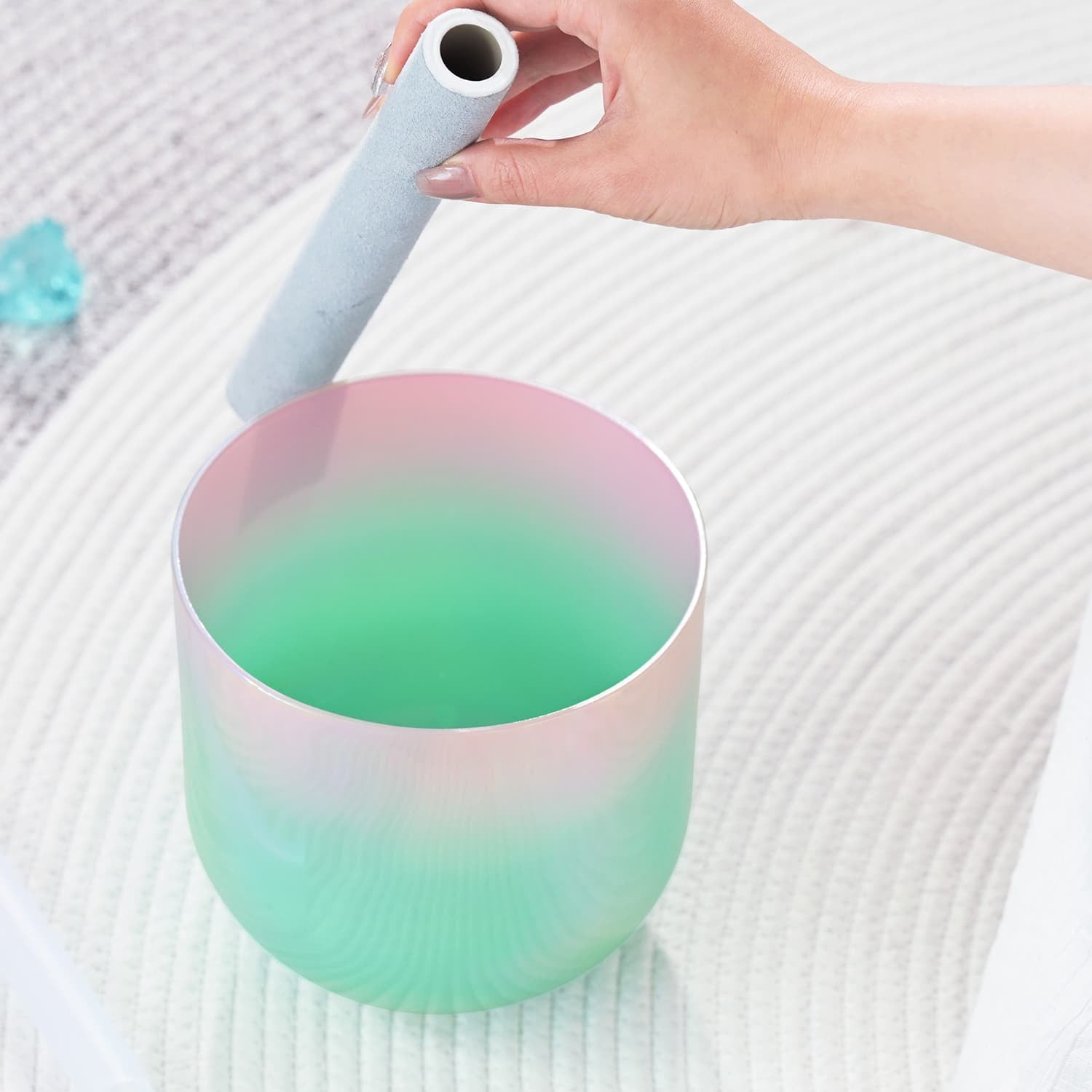 Frosted Green Pink Crystal Singing Bowl with mallet for sound healing therapy