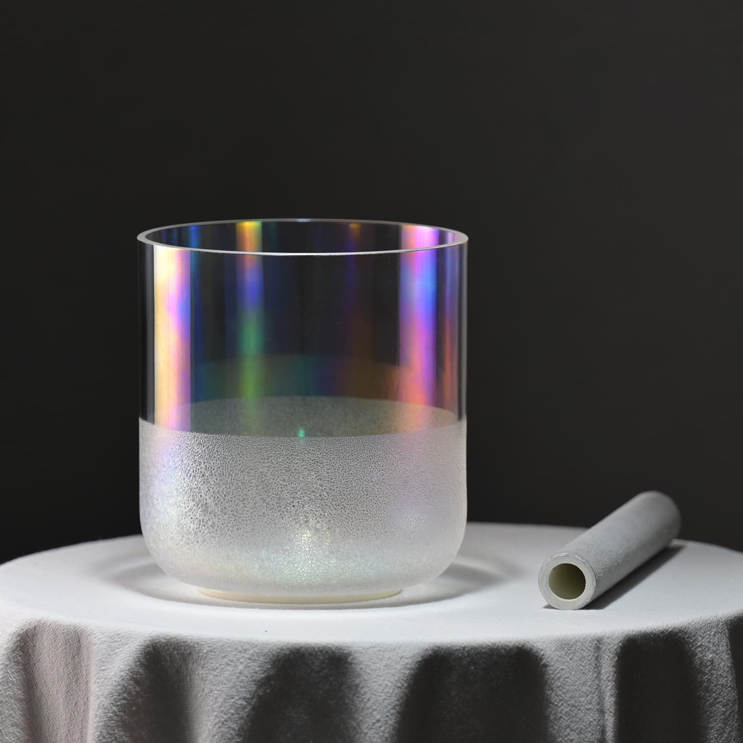 Frosted glass cup with rainbow reflections for Crystal Singing Bowl Ice Flower