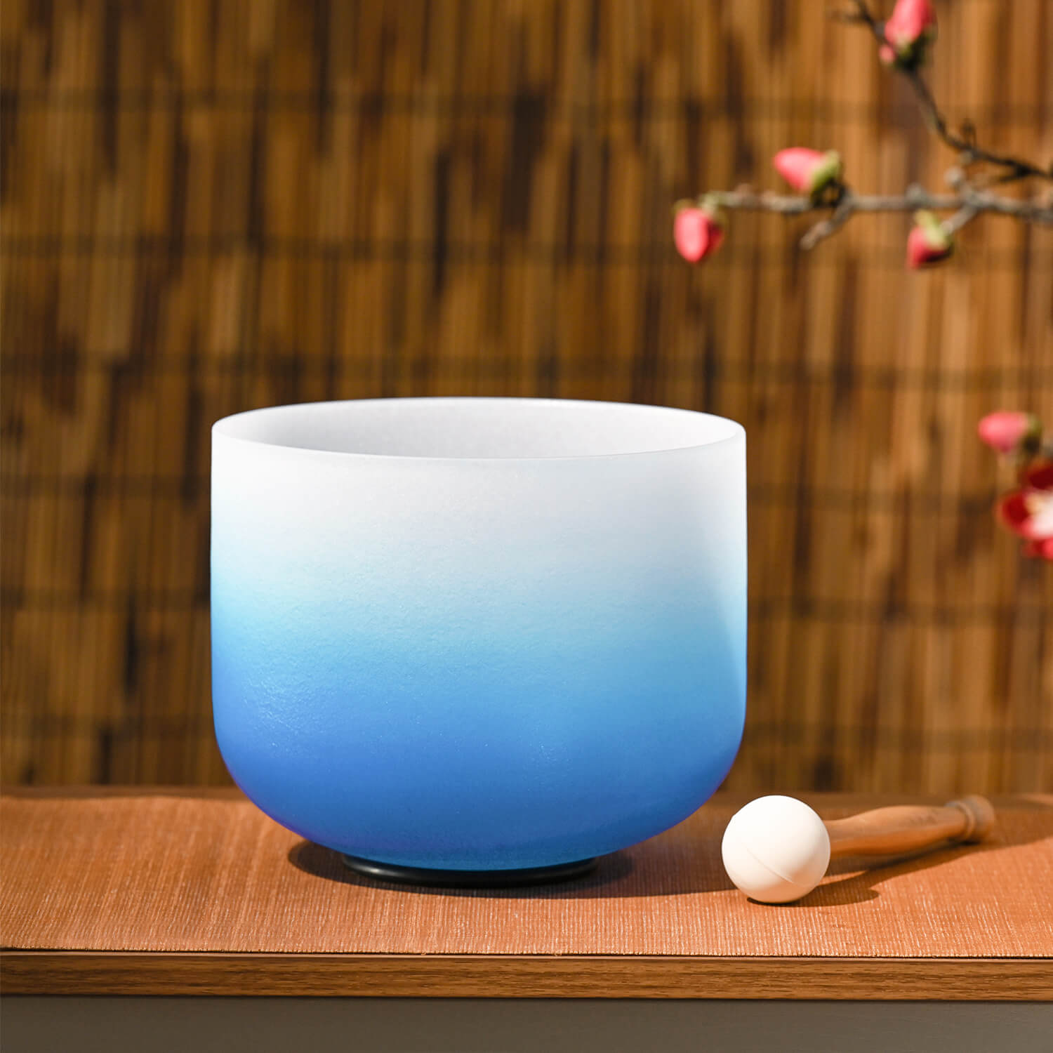 Gradient white-to-blue Crystal Singing Bowl with mallet for Throat Chakra healing