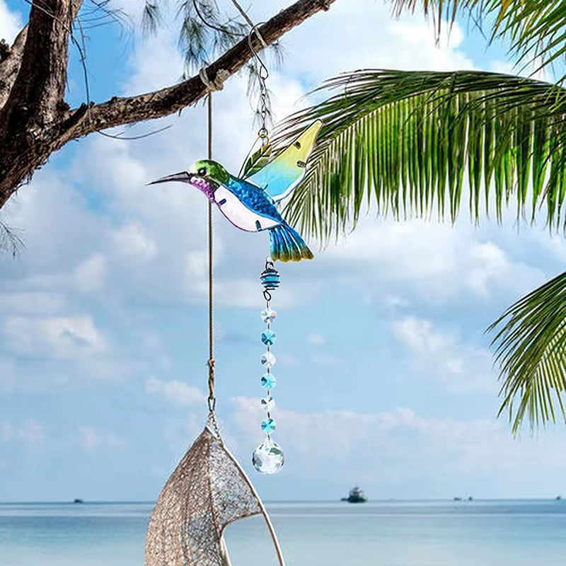 Decorative hanging hummingbird suncatcher with crystal beads and seashell for garden decor